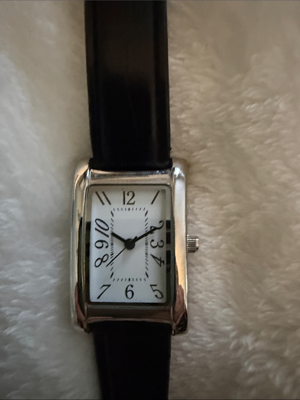 Classic Black Leather Strap Unisex Silver Rectangular Watch